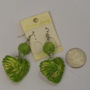 Fashion Jewelry Earrings Lime Green Metal 3D Hearts Drop Dangle Hook Fasteners